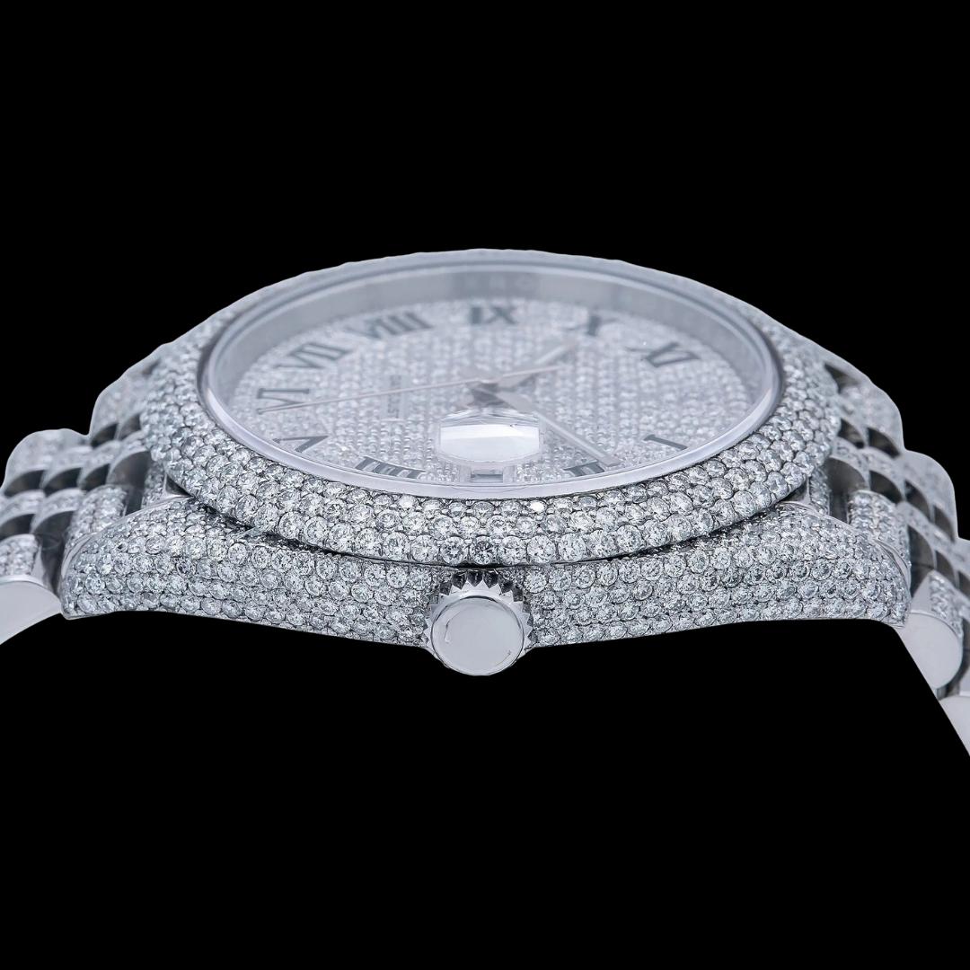 Rolex Datejust Diamond Paved Roman Dial Diamond Bezel Full Iced Out Jubilee Bracelet Moissanite Watch Crown View