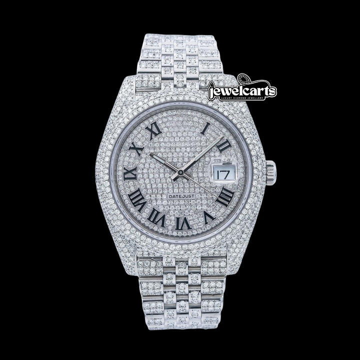 Rolex Datejust Diamond Paved Roman Dial Diamond Bezel Full Iced Out Jubilee Bracelet Moissanite Watch Front View