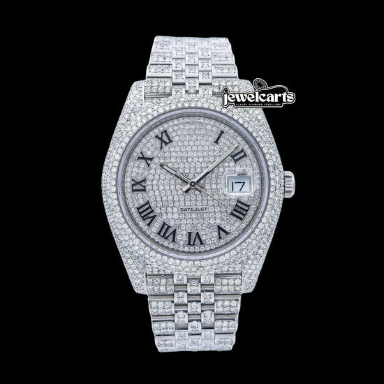 Rolex Datejust Diamond Paved Roman Dial Diamond Bezel Full Iced Out Jubilee Bracelet Moissanite Watch Front View