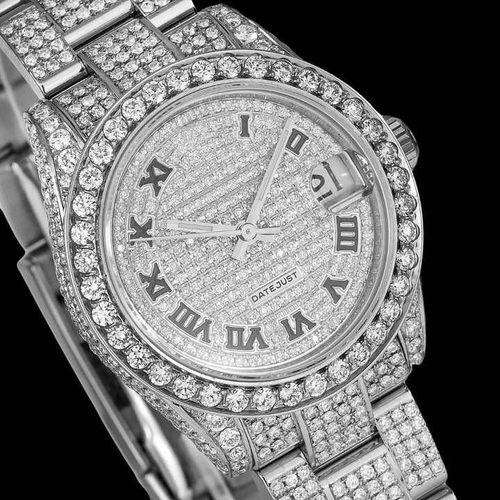 Rolex Datejust Diamond Paved Roman Dial Diamond Bezel Full Iced Out Oyster Bracelet Moissanite Watch Close Up Dial View