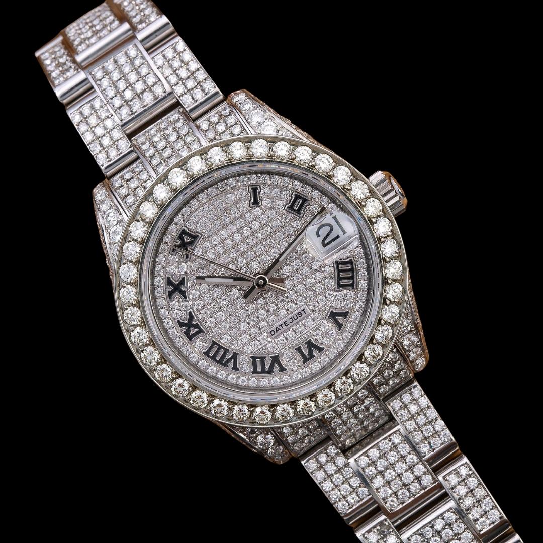 Rolex Datejust Diamond Paved Roman Dial Diamond Bezel Full Iced Out Oyster Bracelet Moissanite Watch Close Up Front View