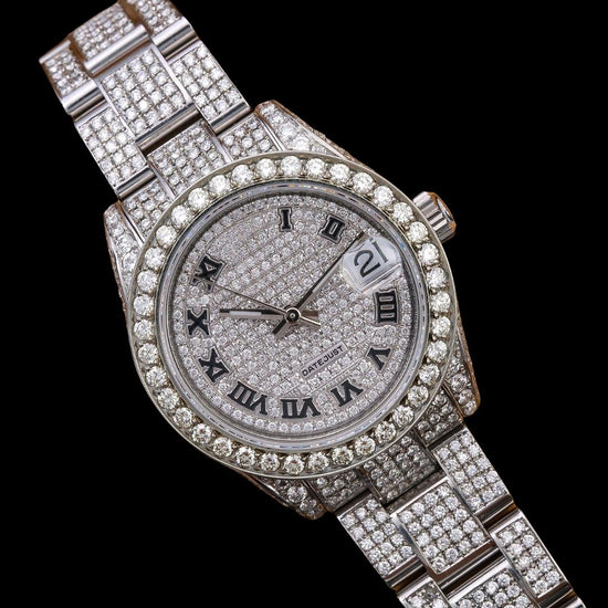 Rolex Datejust Diamond Paved Roman Dial Diamond Bezel Full Iced Out Oyster Bracelet Moissanite Watch Close Up Front View