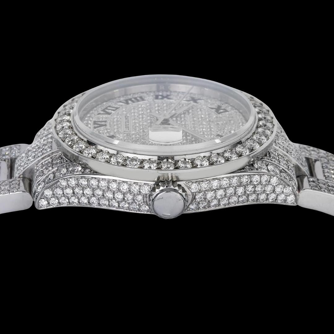 Rolex Datejust Diamond Paved Roman Dial Diamond Bezel Full Iced Out Oyster Bracelet Moissanite Watch Crown View