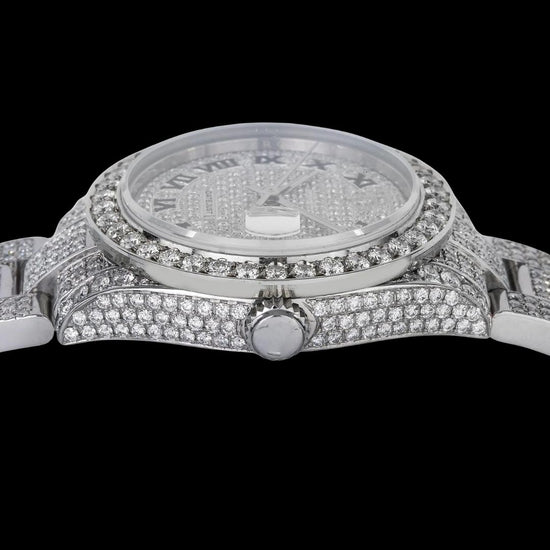 Rolex Datejust Diamond Paved Roman Dial Diamond Bezel Full Iced Out Oyster Bracelet Moissanite Watch Crown View