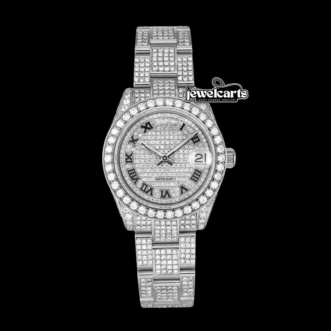 Rolex Datejust Diamond Paved Roman Dial Diamond Bezel Full Iced Out Oyster Bracelet Moissanite Watch Front View