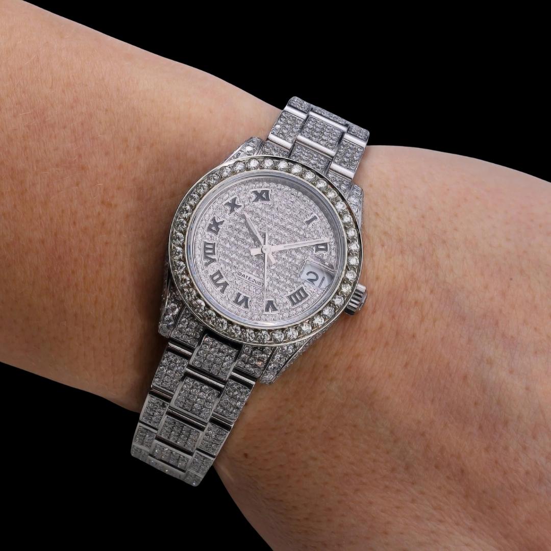 Rolex Datejust Diamond Paved Roman Dial Diamond Bezel Full Iced Out Oyster Bracelet Moissanite Watch On Wrist View