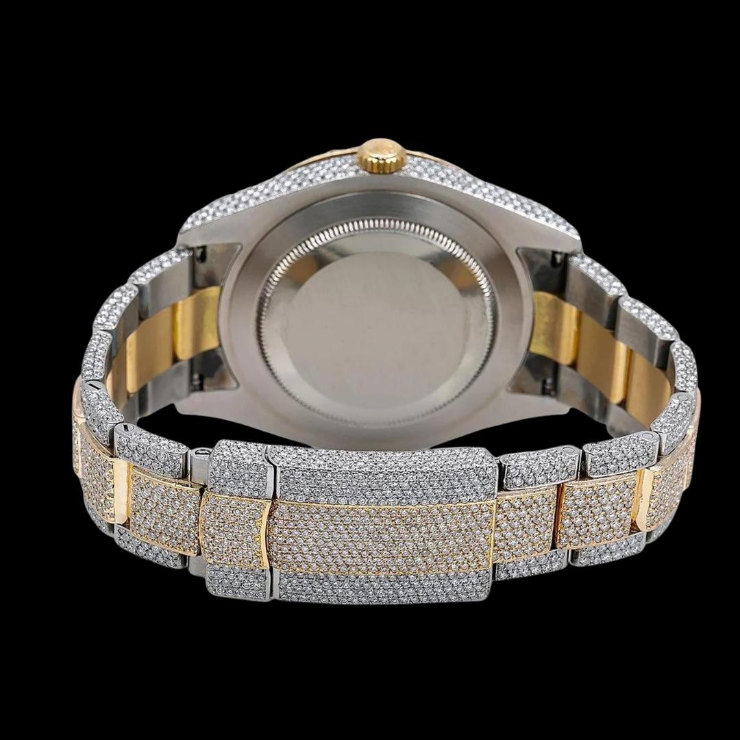Rolex Datejust Diamond Paved Roman Dial Diamond Bezel Two Tone Oyster Bracelet Yellow Gold Iced Out Moissanite Watch Caseback View