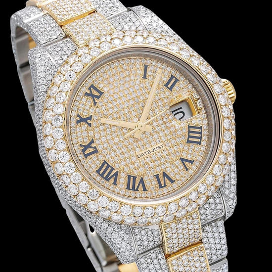 Rolex Datejust Diamond Paved Roman Dial Diamond Bezel Two Tone Oyster Bracelet Yellow Gold Iced Out Moissanite Watch Close Up Dial View