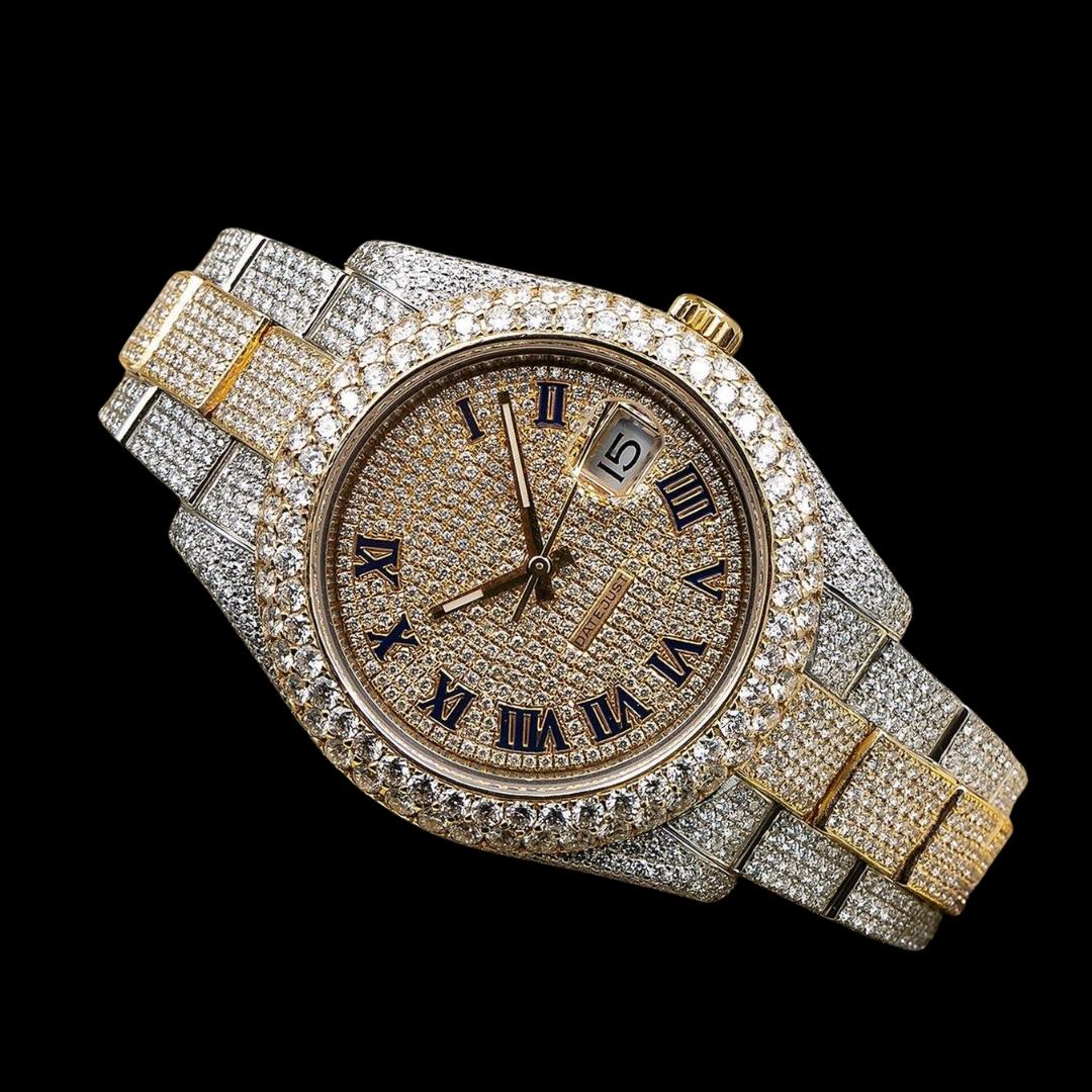 Rolex Datejust Diamond Paved Roman Dial Diamond Bezel Two Tone Oyster Bracelet Yellow Gold Iced Out Moissanite Watch Close Up Front View