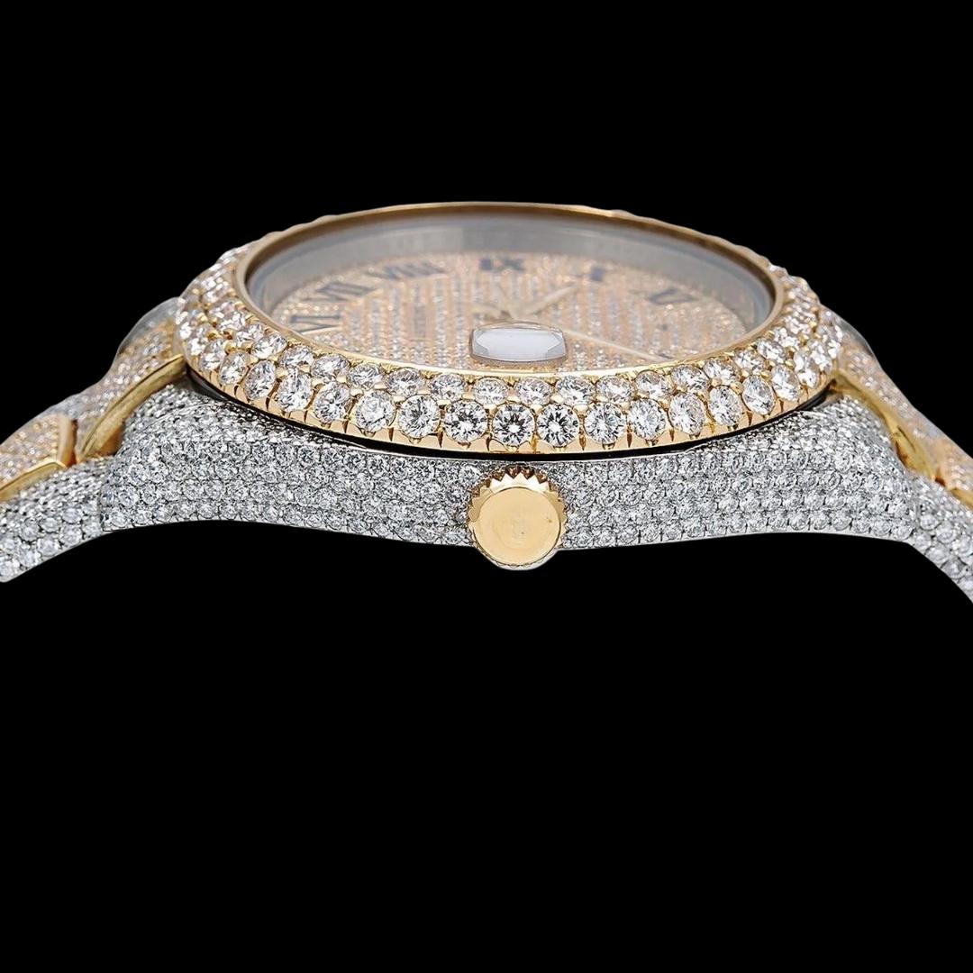 Rolex Datejust Diamond Paved Roman Dial Diamond Bezel Two Tone Oyster Bracelet Yellow Gold Iced Out Moissanite Watch Crown View