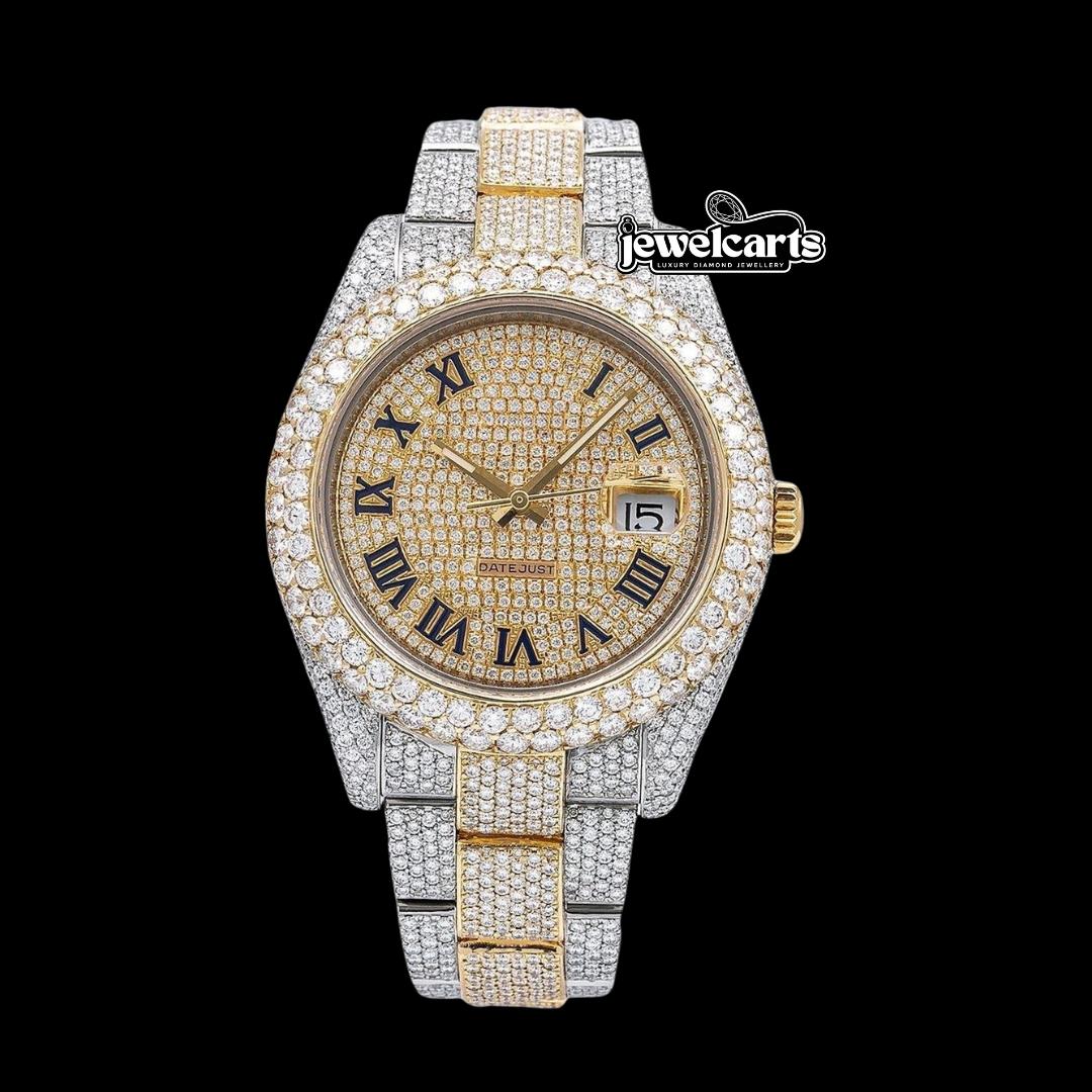 Rolex Datejust Diamond Paved Roman Dial Diamond Bezel Two Tone Oyster Bracelet Yellow Gold Iced Out Moissanite Watch Front View