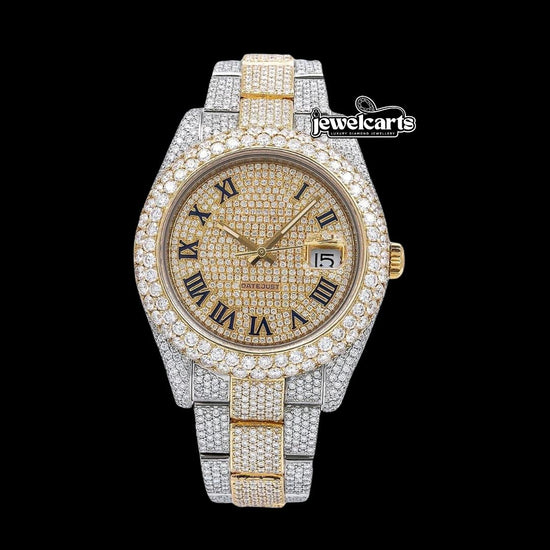 Rolex Datejust Diamond Paved Roman Dial Diamond Bezel Two Tone Oyster Bracelet Yellow Gold Iced Out Moissanite Watch Front View