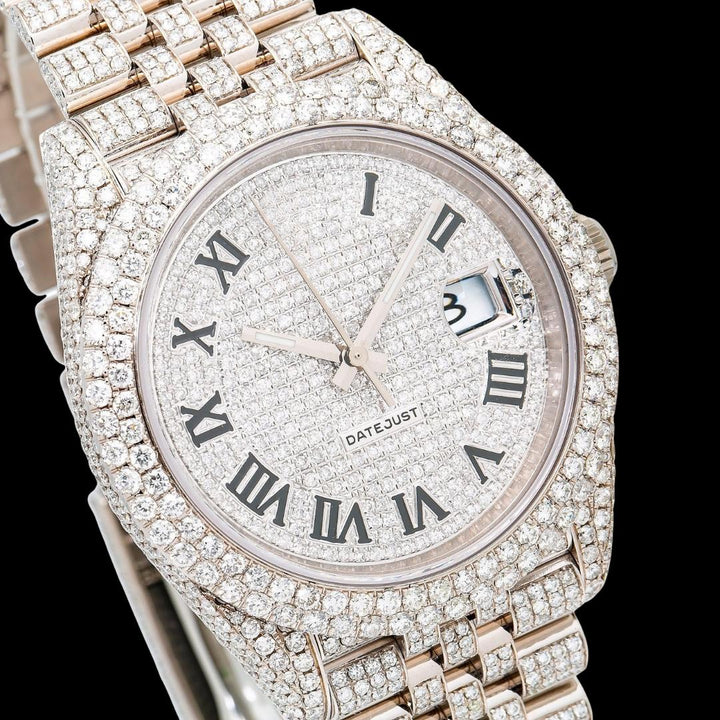 Rolex Datejust Diamond Paved Roman Dial Full Iced Out Jubilee Bracelet Moissanite Watch Close Up Dial View