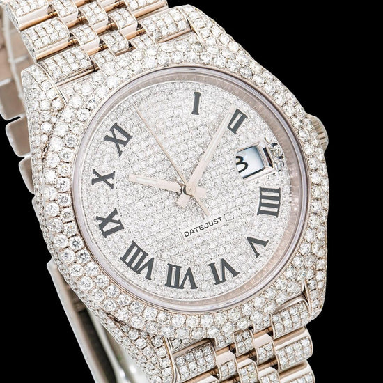 Rolex Datejust Diamond Paved Roman Dial Full Iced Out Jubilee Bracelet Moissanite Watch Close Up Dial View