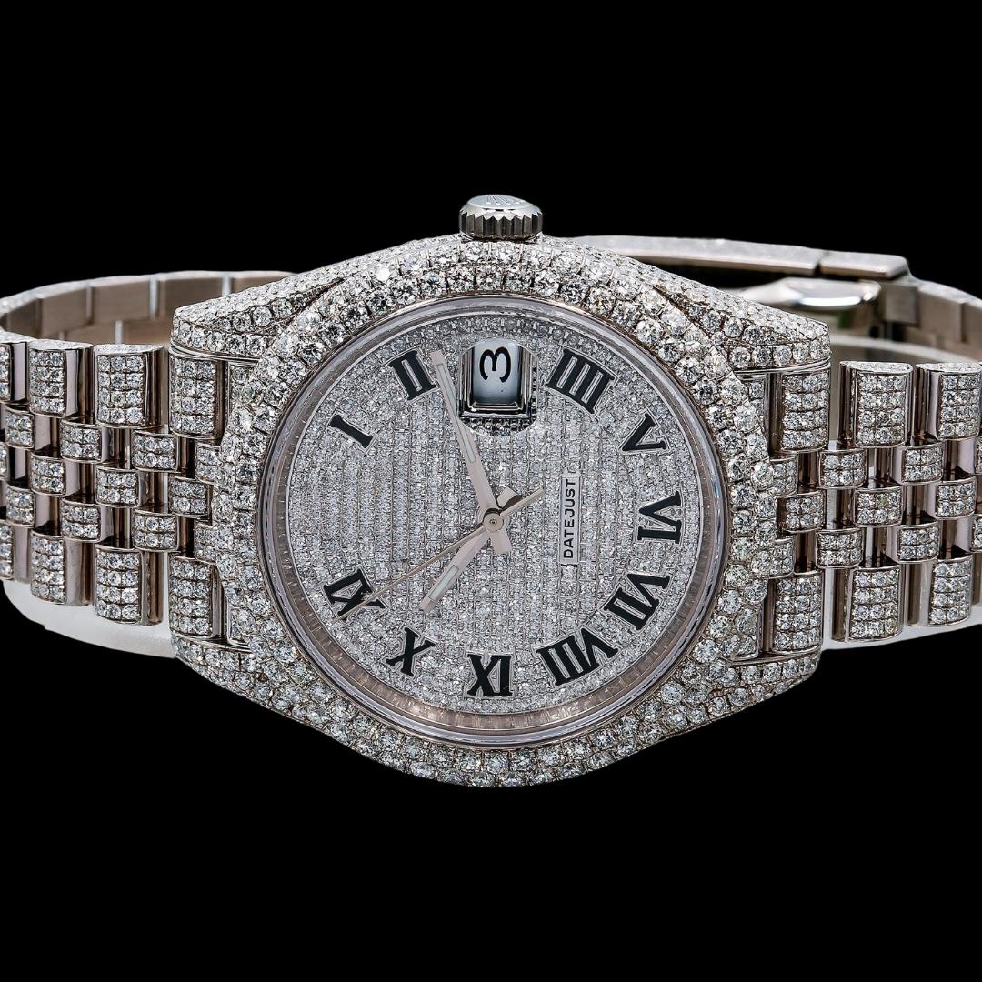 Rolex Datejust Diamond Paved Roman Dial Full Iced Out Jubilee Bracelet Moissanite Watch Close Up Front View