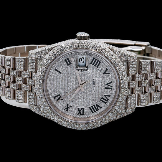 Rolex Datejust Diamond Paved Roman Dial Full Iced Out Jubilee Bracelet Moissanite Watch Close Up Front View