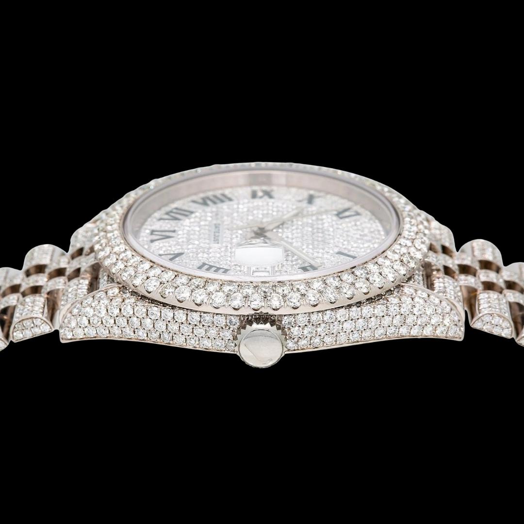 Rolex Datejust Diamond Paved Roman Dial Full Iced Out Jubilee Bracelet Moissanite Watch Crown View