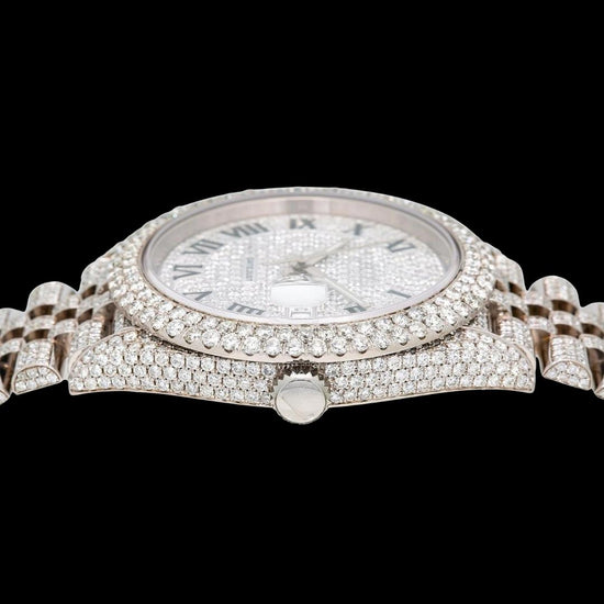 Rolex Datejust Diamond Paved Roman Dial Full Iced Out Jubilee Bracelet Moissanite Watch Crown View