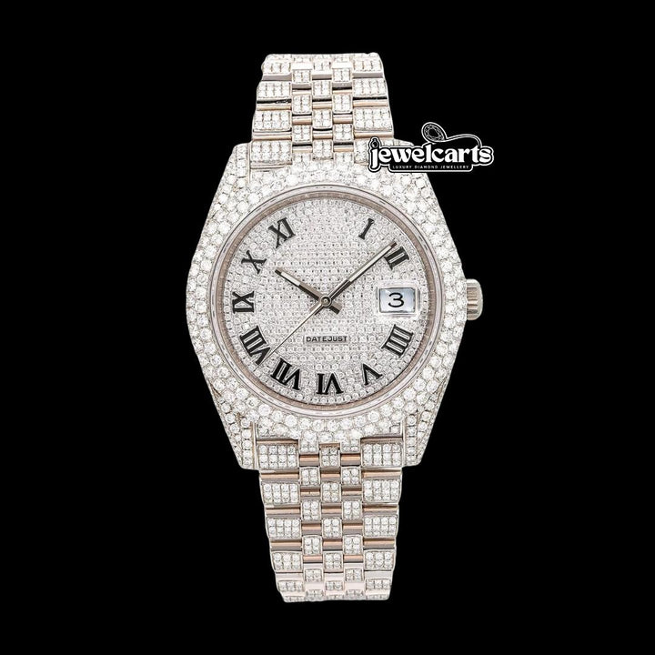 Rolex Datejust Diamond Paved Roman Dial Full Iced Out Jubilee Bracelet Moissanite Watch Front View