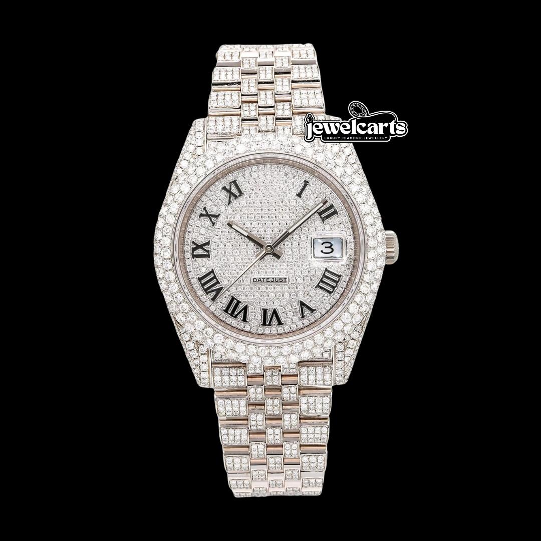 Rolex Datejust Diamond Paved Roman Dial Full Iced Out Jubilee Bracelet Moissanite Watch Front View