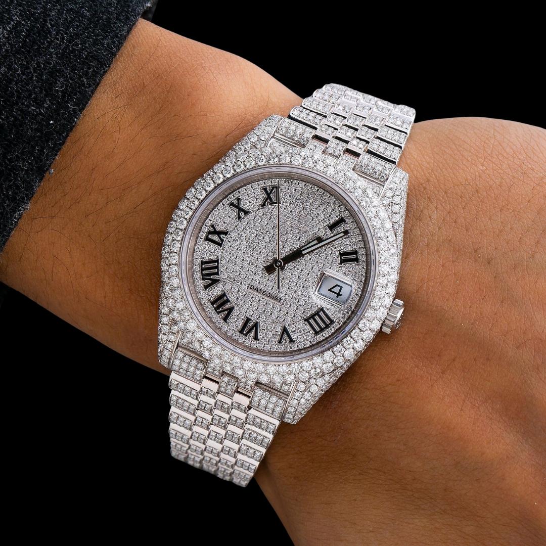 Rolex Datejust Diamond Paved Roman Dial Full Iced Out Jubilee Bracelet Moissanite Watch On Wrist View