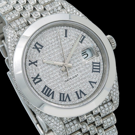 Rolex Datejust Diamond Paved Roman Dial Smooth Bezel Fully Iced Out Jubilee Bracelet Moissanite Watch Close Up Dial View