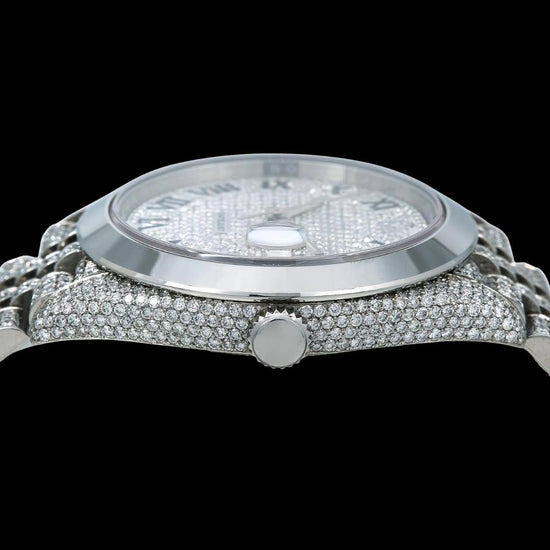 Rolex Datejust Diamond Paved Roman Dial Smooth Bezel Fully Iced Out Jubilee Bracelet Moissanite Watch Crown View
