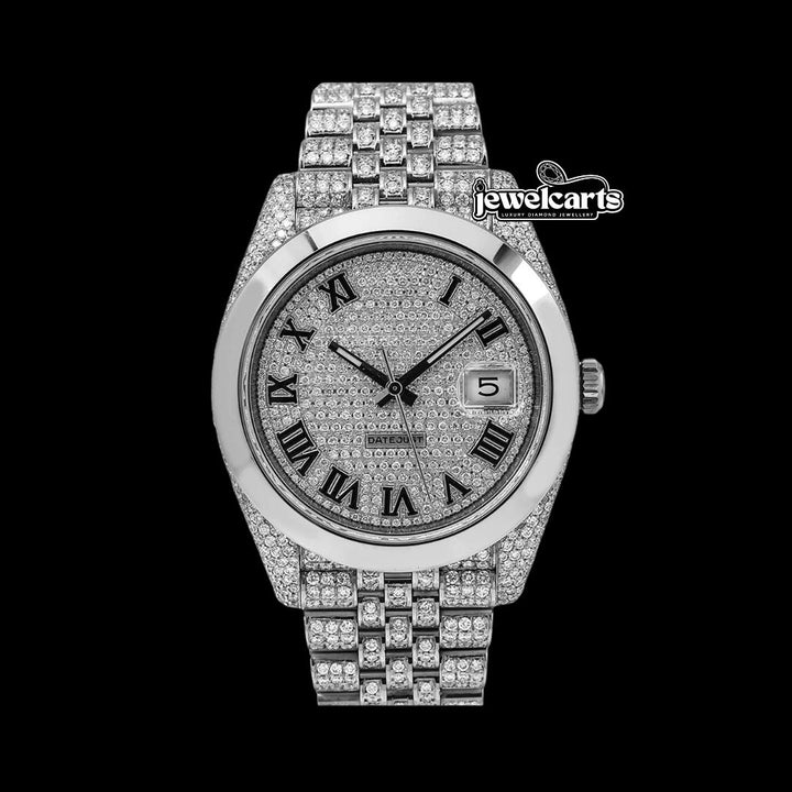 Rolex Datejust Diamond Paved Roman Dial Smooth Bezel Fully Iced Out Jubilee Bracelet Moissanite Watch Front View