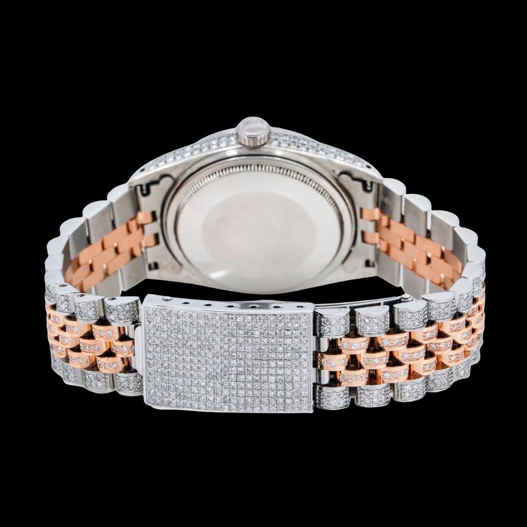 Rolex Datejust Diamond Paved Roman Dial Turned Bezel Two Tone Rose Gold Iced Out Jubilee Moissanite Watch Caseback View