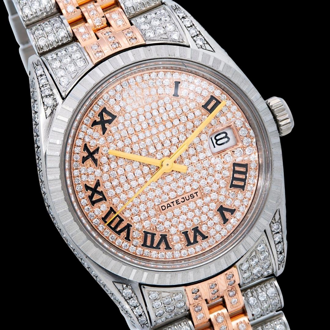 Rolex Datejust Diamond Paved Roman Dial Turned Bezel Two Tone Rose Gold Iced Out Jubilee Moissanite Watch Close Up Dial View