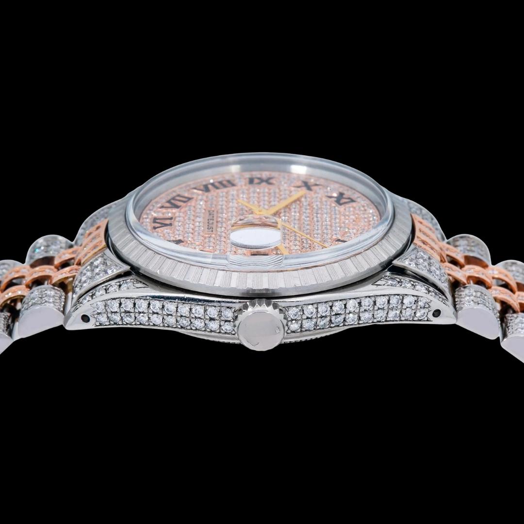 Rolex Datejust Diamond Paved Roman Dial Turned Bezel Two Tone Rose Gold Iced Out Jubilee Moissanite Watch Crown View