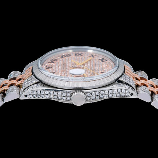 Rolex Datejust Diamond Paved Roman Dial Turned Bezel Two Tone Rose Gold Iced Out Jubilee Moissanite Watch Crown View