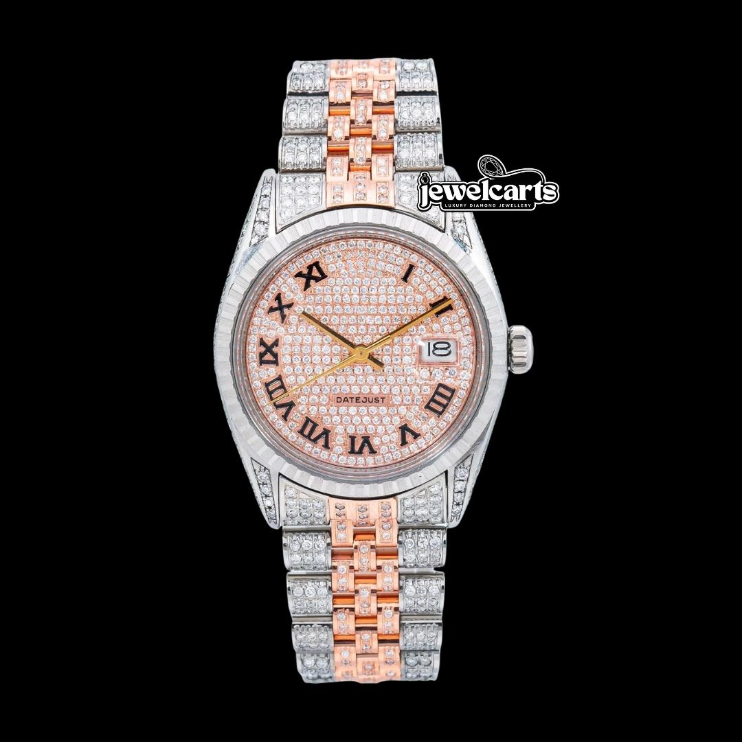 Rolex Datejust Diamond Paved Roman Dial Turned Bezel Two Tone Rose Gold Iced Out Jubilee Moissanite Watch Front View
