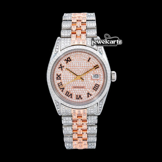 Rolex Datejust Diamond Paved Roman Dial Turned Bezel Two Tone Rose Gold Iced Out Jubilee Moissanite Watch Front View
