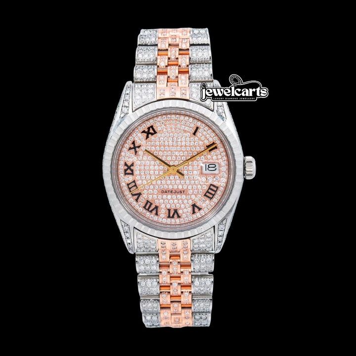 Rolex Datejust Diamond Paved Roman Dial Turned Bezel Two Tone Rose Gold Iced Out Jubilee Moissanite Watch Front View