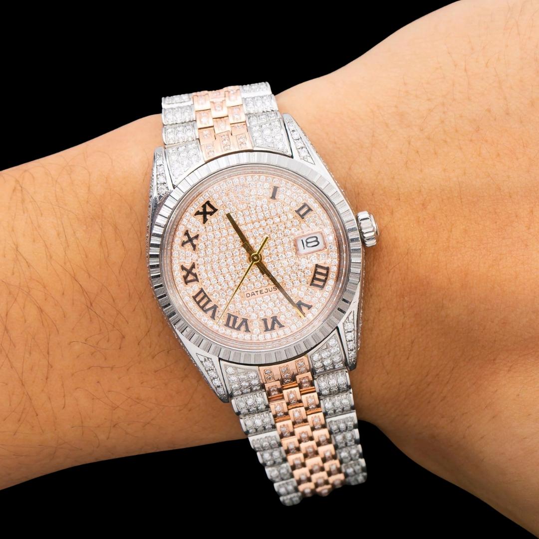 Rolex Datejust Diamond Paved Roman Dial Turned Bezel Two Tone Rose Gold Iced Out Jubilee Moissanite Watch On Wrist View