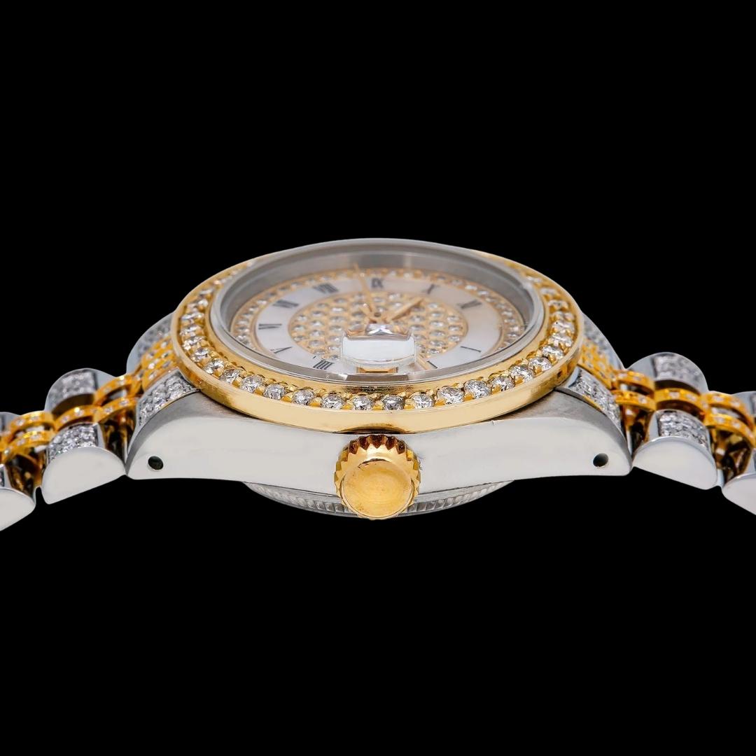 Rolex Datejust Diamond Paved Roman Dial Two Tone Iced Out Yellow Gold Jubilee Bracelet Moissanite Watch for Women Crown View