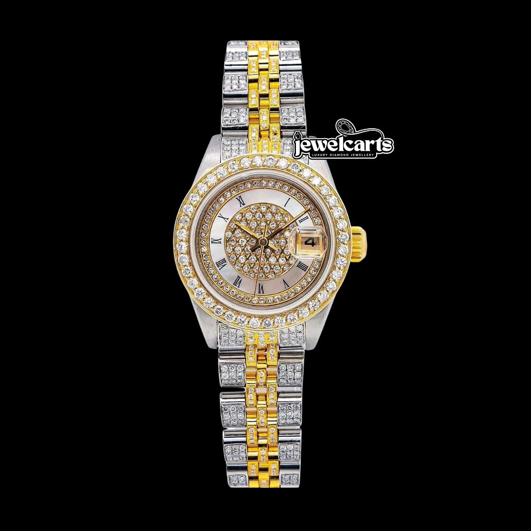 Rolex Datejust Diamond Paved Roman Dial Two Tone Iced Out Yellow Gold Jubilee Bracelet Moissanite Watch for Women Front View