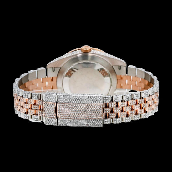 Rolex Datejust Diamond Paved Rose Gold Roman Dial Two Tone Jubilee Bracelet Iced Out Moissanite Watch Caseback View
