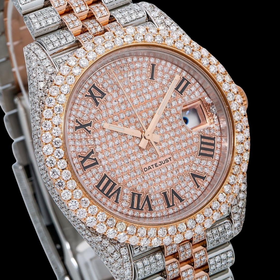 Rolex Datejust Diamond Paved Rose Gold Roman Dial Two Tone Jubilee Bracelet Iced Out Moissanite Watch Close Up Dial View