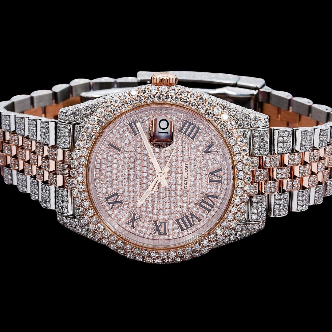 Rolex Datejust Diamond Paved Rose Gold Roman Dial Two Tone Jubilee Bracelet Iced Out Moissanite Watch Close Up Front View