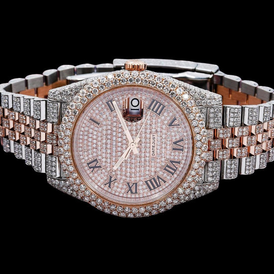 Rolex Datejust Diamond Paved Rose Gold Roman Dial Two Tone Jubilee Bracelet Iced Out Moissanite Watch Close Up Front View