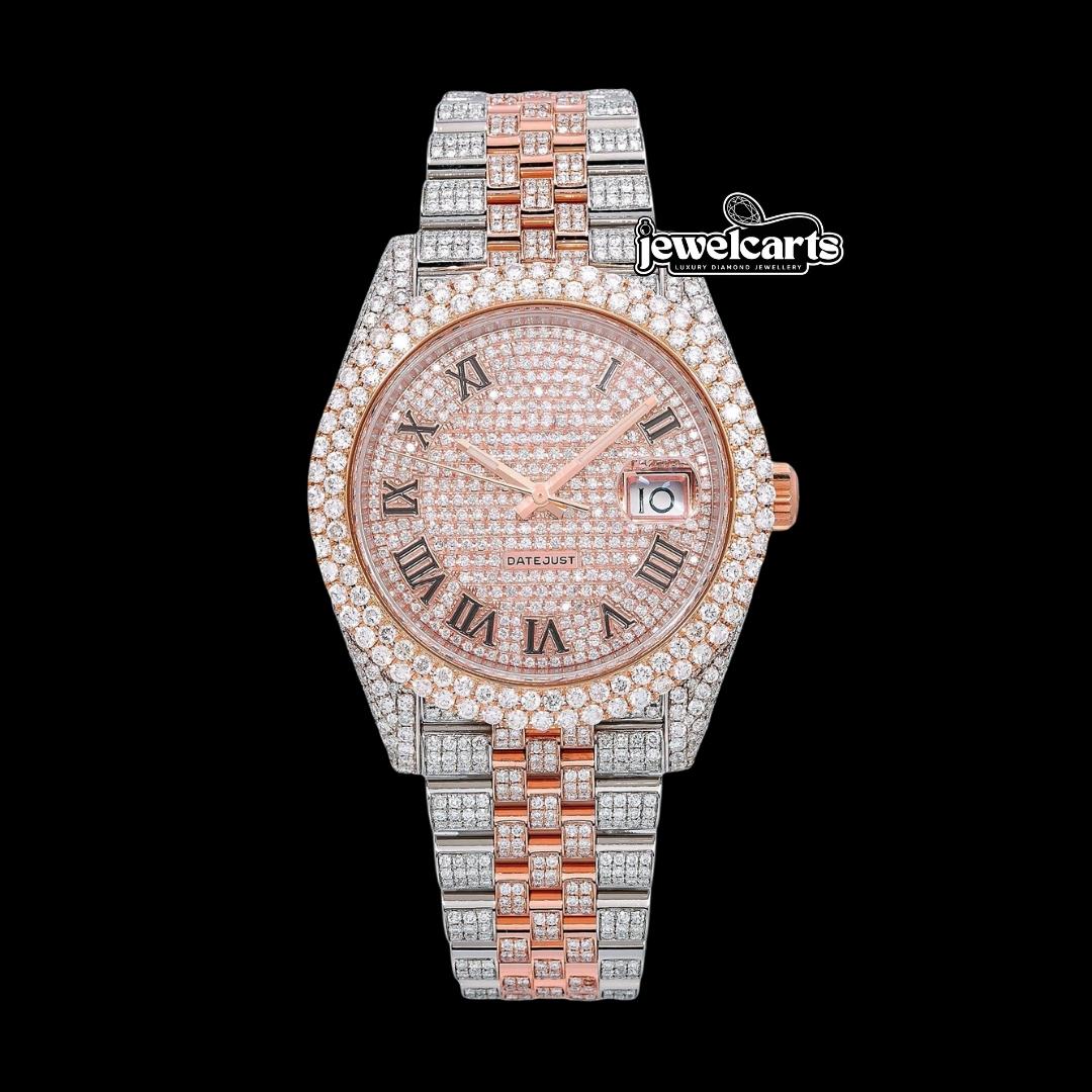 Rolex Datejust Diamond Paved Rose Gold Roman Dial Two Tone Jubilee Bracelet Iced Out Moissanite Watch Front View