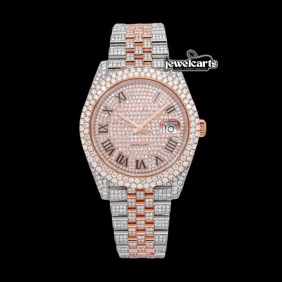 Rolex Datejust Diamond Paved Rose Gold Roman Dial Two Tone Jubilee Bracelet Iced Out Moissanite Watch Front View