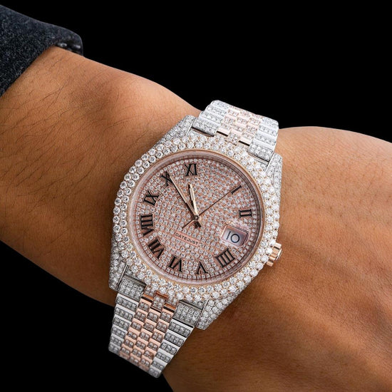 Rolex Datejust Diamond Paved Rose Gold Roman Dial Two Tone Jubilee Bracelet Iced Out Moissanite Watch On Wrist View