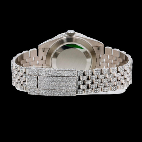 Rolex Datejust Diamond Paved White Dial Red Roman Numerals Iced Out Jubilee Bracelet Moissanite Watch Caseback View