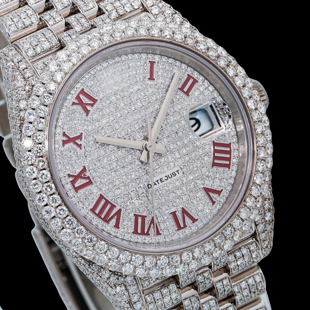 Rolex Datejust Diamond Paved White Dial Red Roman Numerals Iced Out Jubilee Bracelet Moissanite Watch Close Up Dial View