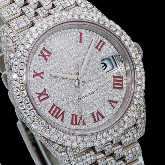 Rolex Datejust Diamond Paved White Dial Red Roman Numerals Iced Out Jubilee Bracelet Moissanite Watch Close Up Dial View