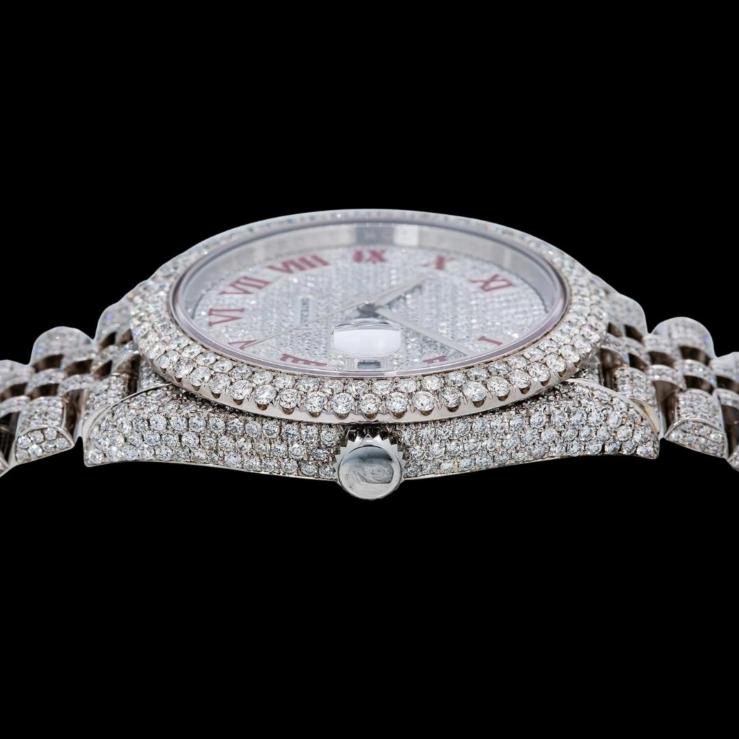 Rolex Datejust Diamond Paved White Dial Red Roman Numerals Iced Out Jubilee Bracelet Moissanite Watch Crown View