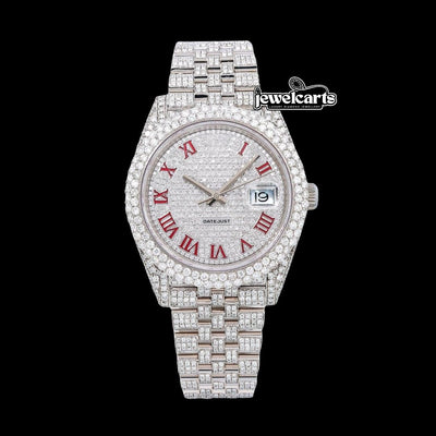 Rolex Datejust Diamond Paved White Dial Red Roman Numerals Iced Out Jubilee Bracelet Moissanite Watch